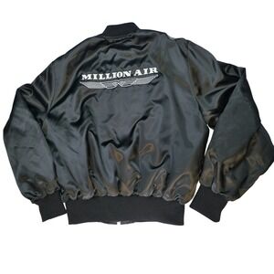 Vintage 1993 Holloway Million Air Satin Bomber Jacket Mens XL Black Aviation Zip